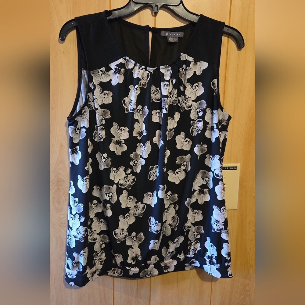 Suzy Sheir Black Floral Sleeveless Blouse Women's Size Large